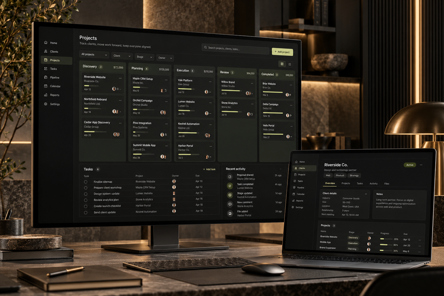 Focused CRM with project stages, tasks, clients, and activity